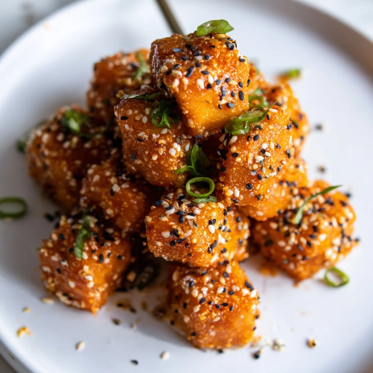 Air-fried Bang Bang Salmon Bites glistening with sauce, cilantro and green onions.