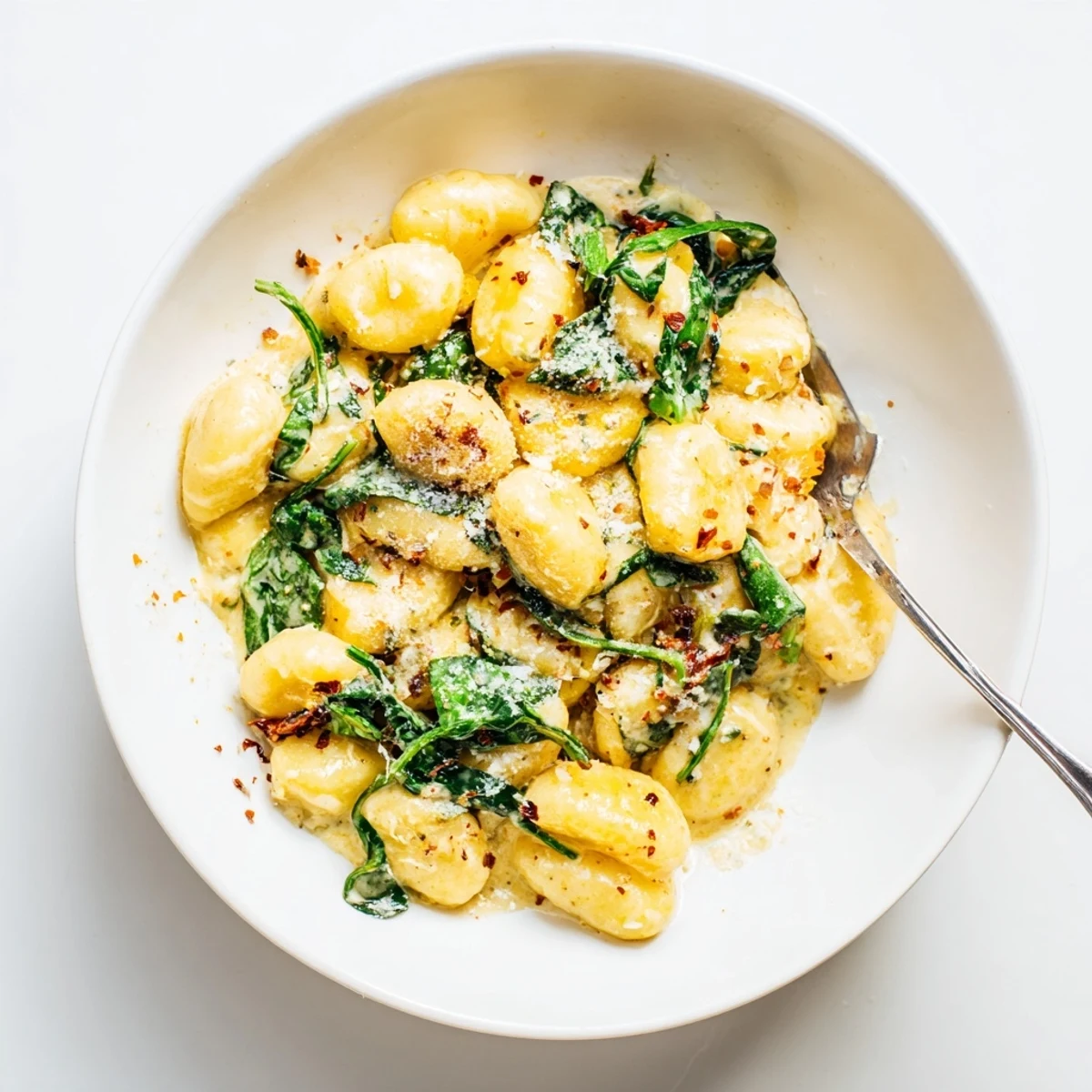 Creamy Marry Me Gnocchi steaming in skillet with sun-dried tomatoes