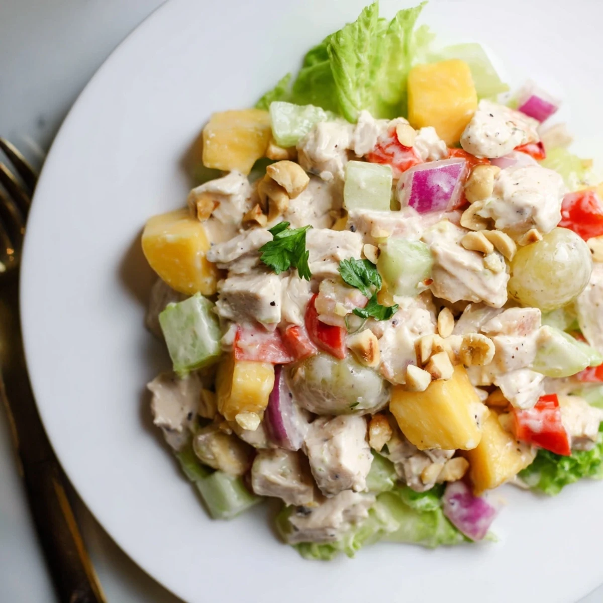 Hawaiian Chicken Salad recipe with tender bites, juicy pineapple, creamy dressing