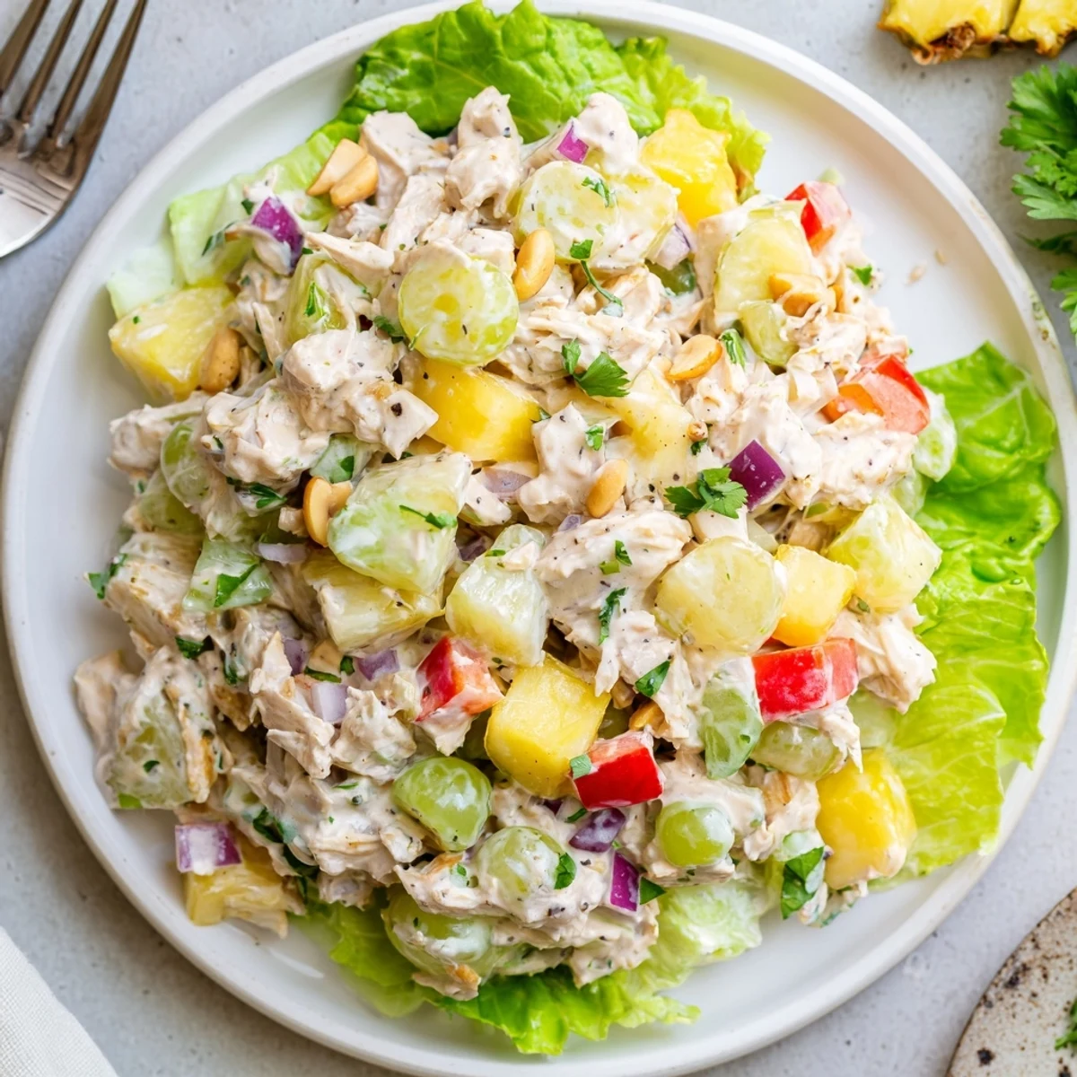 Bright Hawaiian Chicken Salad tossed with crunchy celery, grapes, toasted macadamias