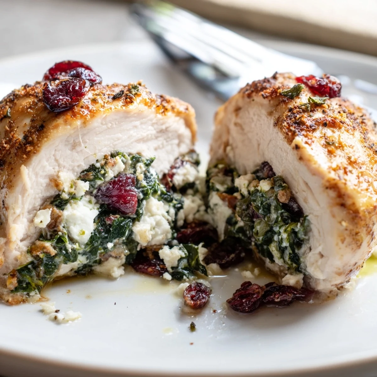 Cranberry Spinach Stuffed Chicken Breasts, golden-baked with tangy cranberries and wilted spinach.