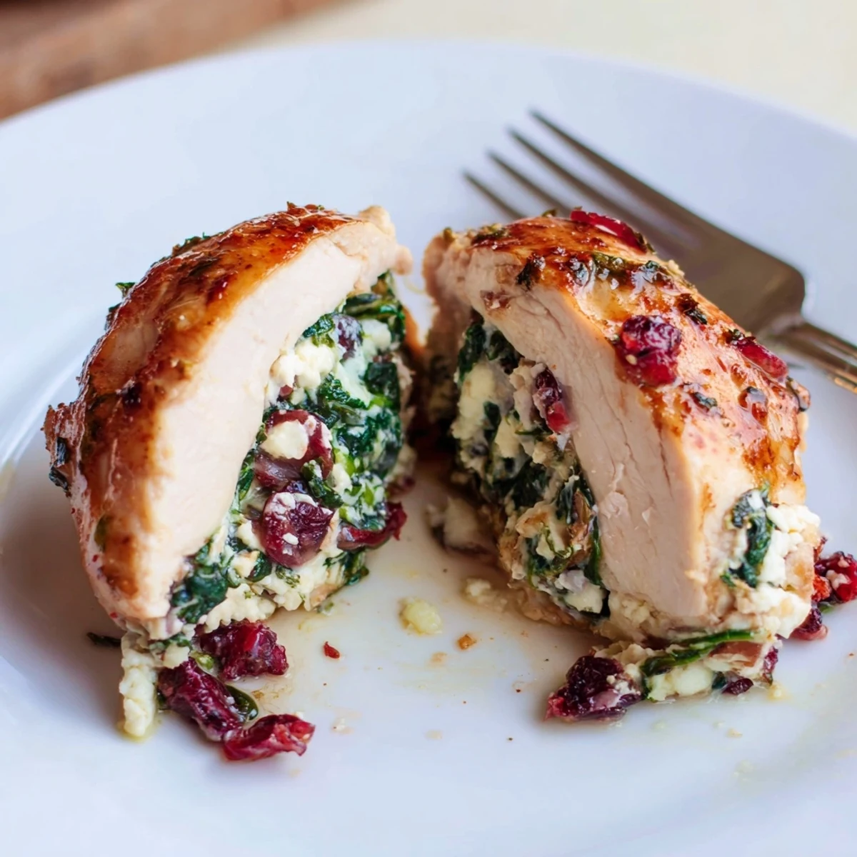 Sliced to reveal creamy cheese and tart filling, Cranberry Spinach Stuffed Chicken Breasts.