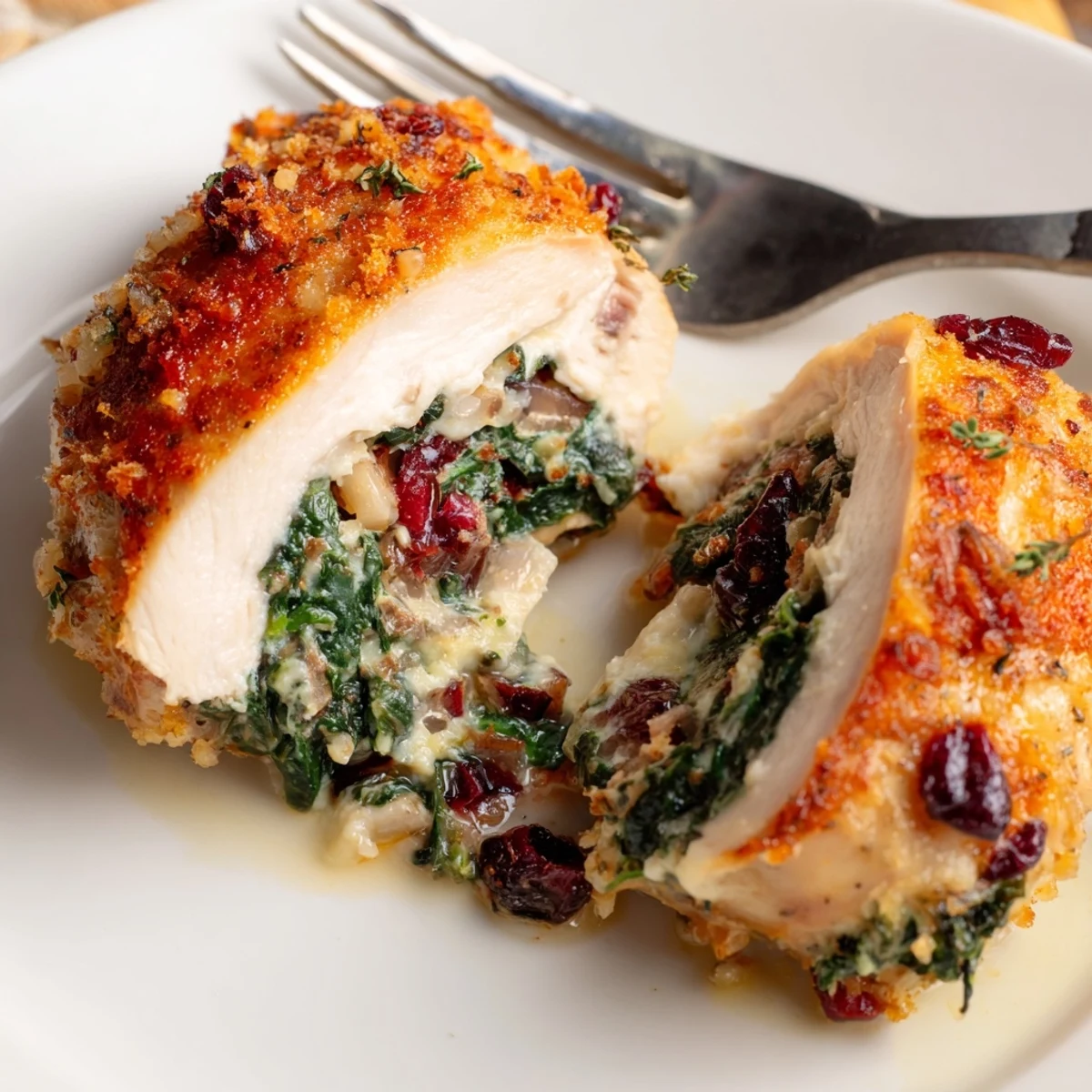 Warm Cranberry Spinach Stuffed Chicken Breasts served with wild rice, aromatic thyme.