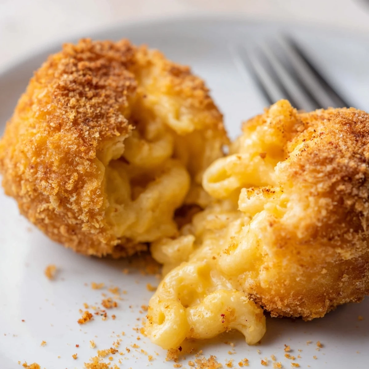 Handheld Fried Mac And Cheese Bites, creamy interior contrasts crunchy shell, party-ready