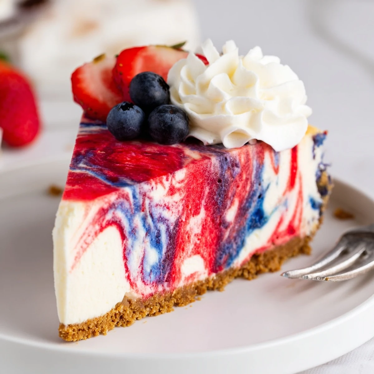 Patriotic Swirl Cheesecake with glossy red and blue marbling, garnished with berries