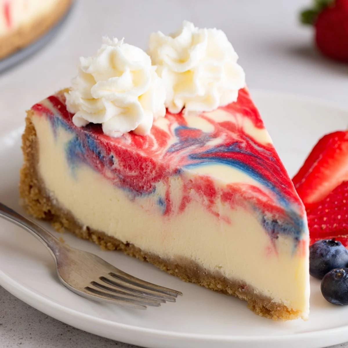 Slice of Patriotic Swirl Cheesecake on plate, creamy texture, dollop of whipped cream