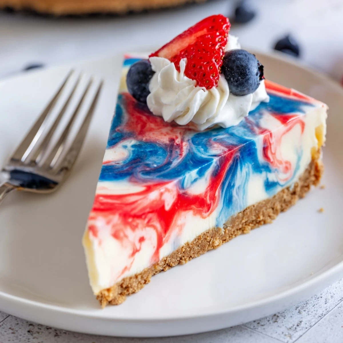 Baked Patriotic Swirl Cheesecake cooling in springform pan, vivid red and blue swirls