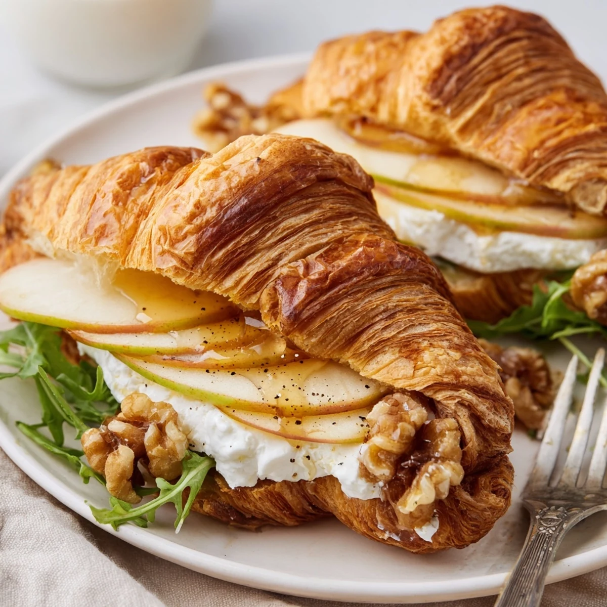 Flaky Apple Goat Cheese Croissant Sandwich with honey drizzle, arugula, crisp bite