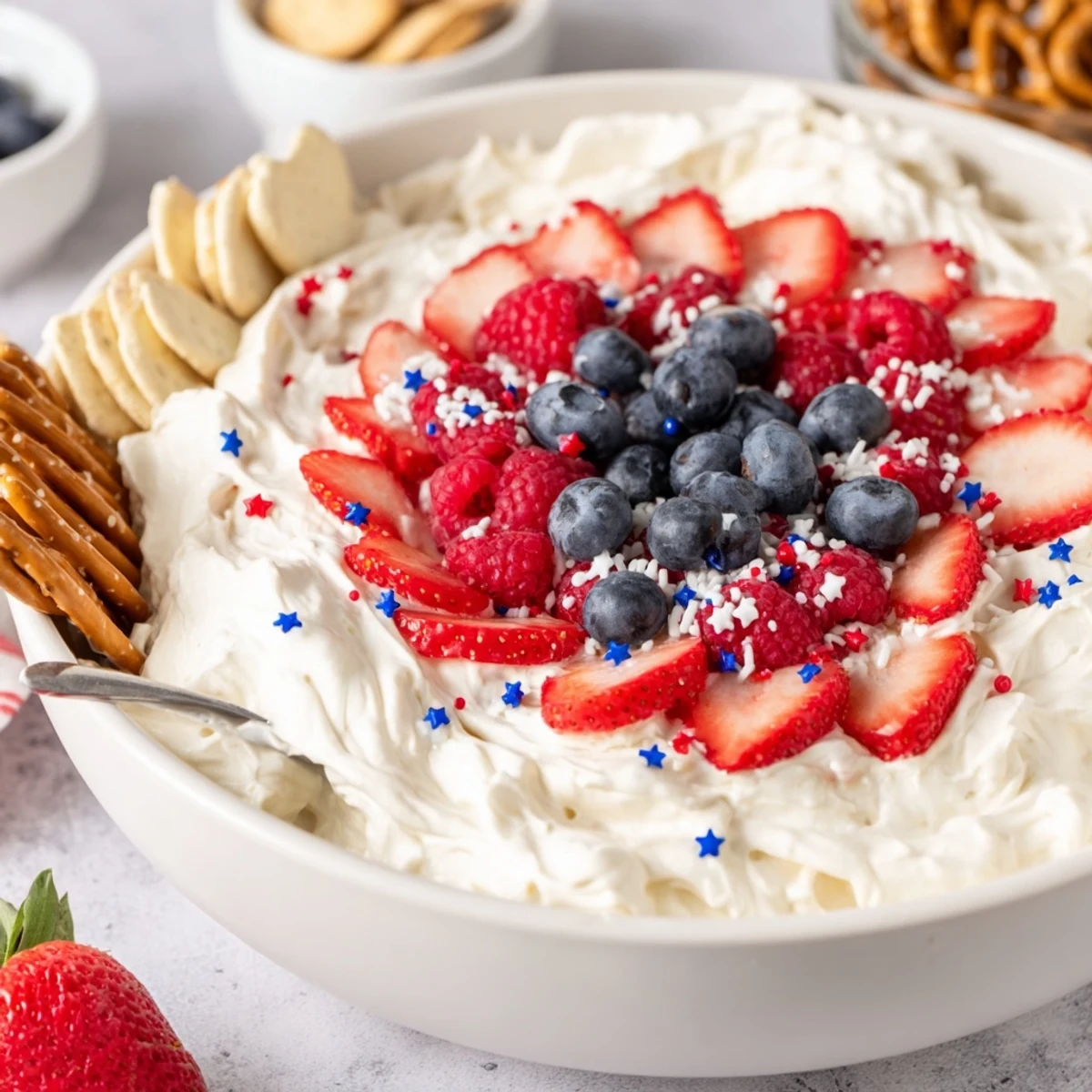 Star Spangled Cheesecake Dip topped with glossy blueberries, strawberries, and festive sprinkles
