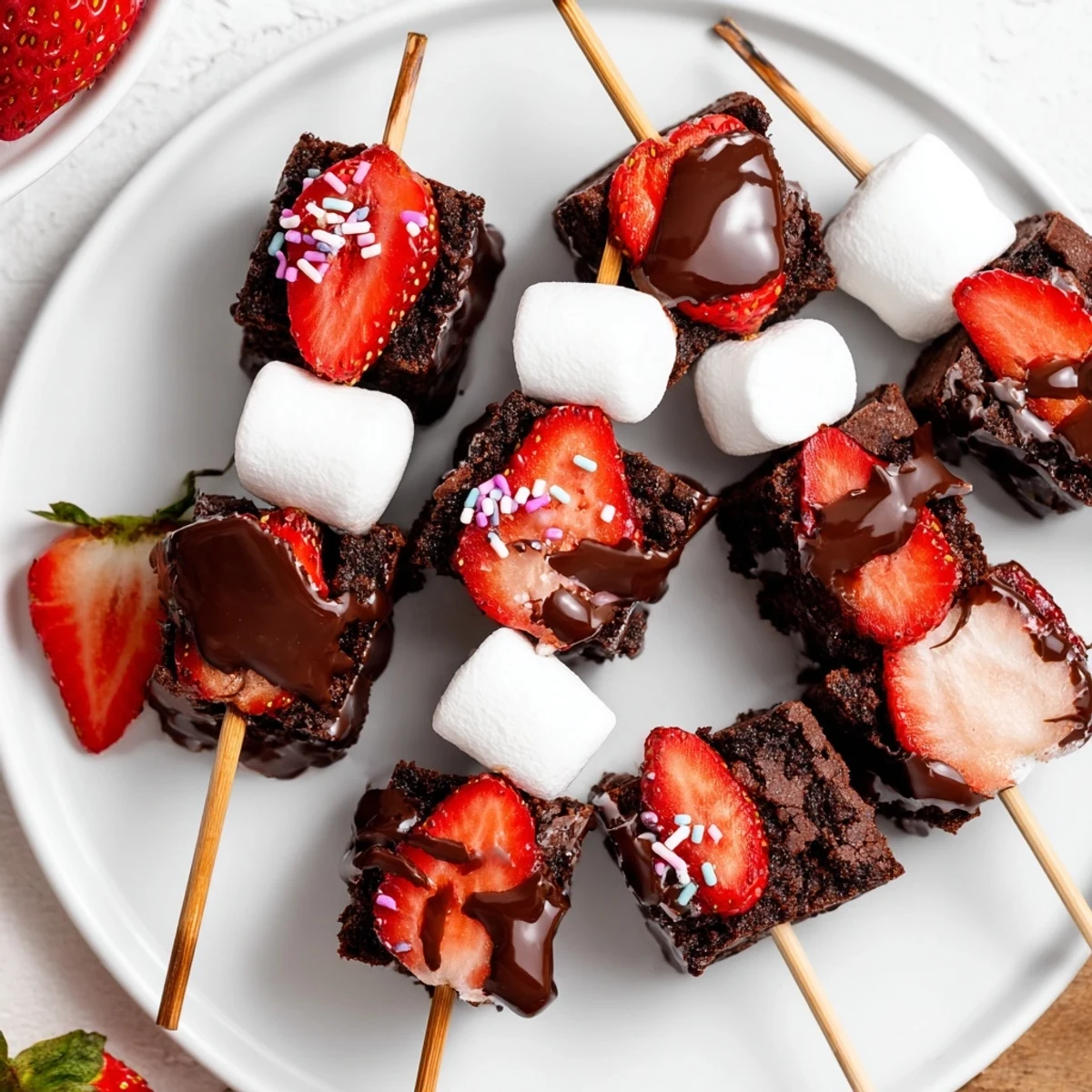 Sweet Strawberry Brownie Kabobs on a platter, chocolate drizzle and sprinkles