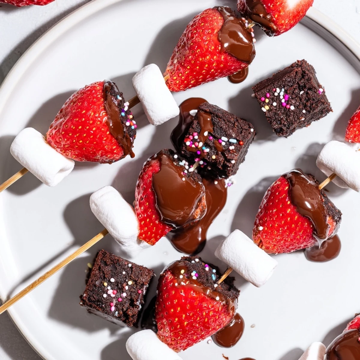 Sweet Strawberry Brownie Kabobs ready for summer party, served with whipped cream