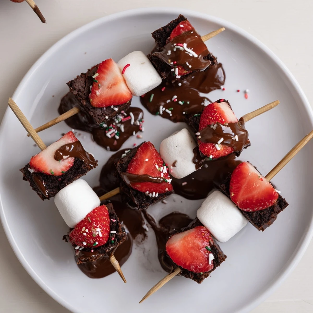 Sweet Strawberry Brownie Kabobs skewered with marshmallows, fudgy bites glistening