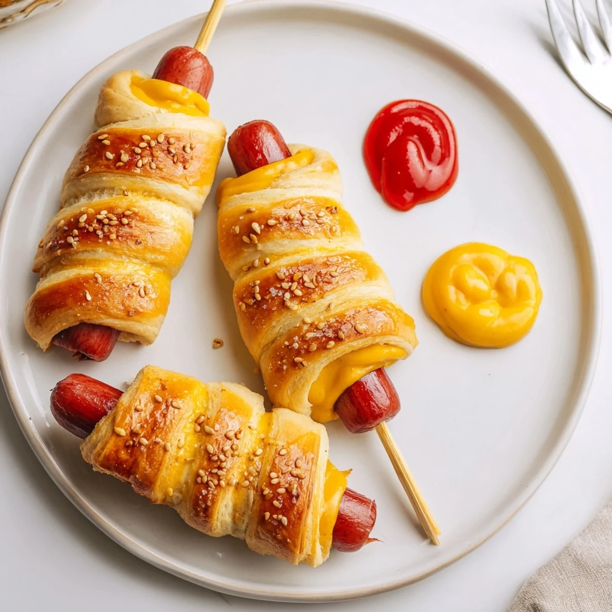 Golden baked Firecracker Hot Dogs Recipe wrapped in crescent dough, buttered