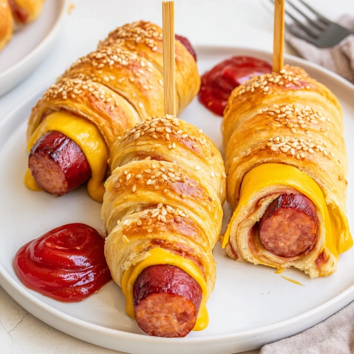 Crispy spiral Firecracker Hot Dogs Recipe with melted cheddar, ketchup for dipping