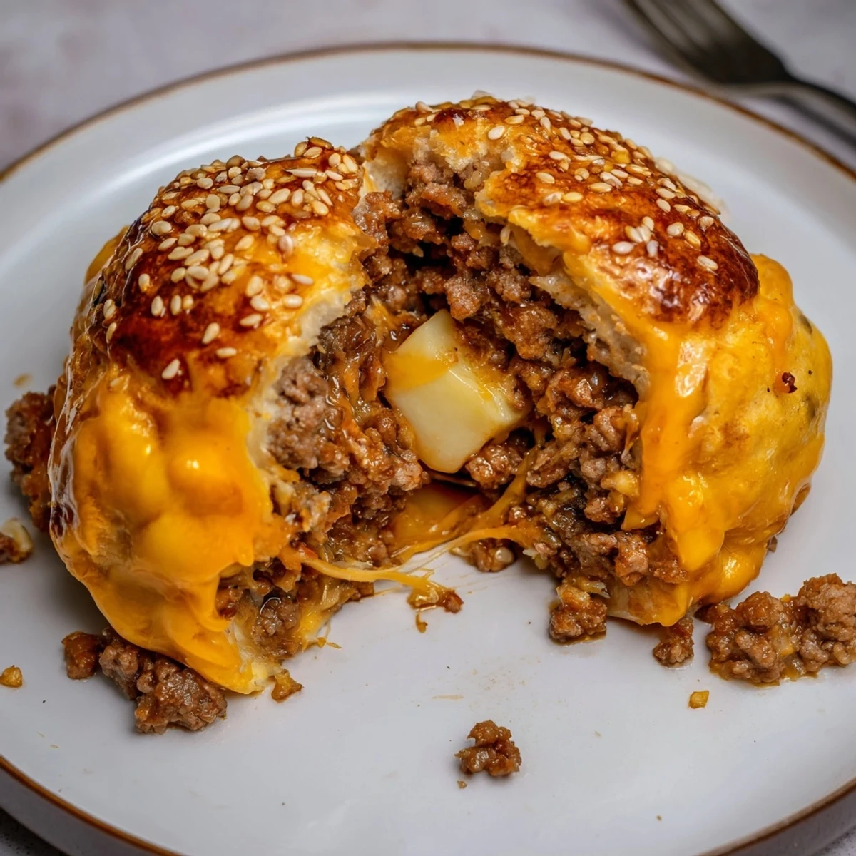 Golden Cheesy Cheeseburger Bombs stuffed with cheese and sesame, served with sauces