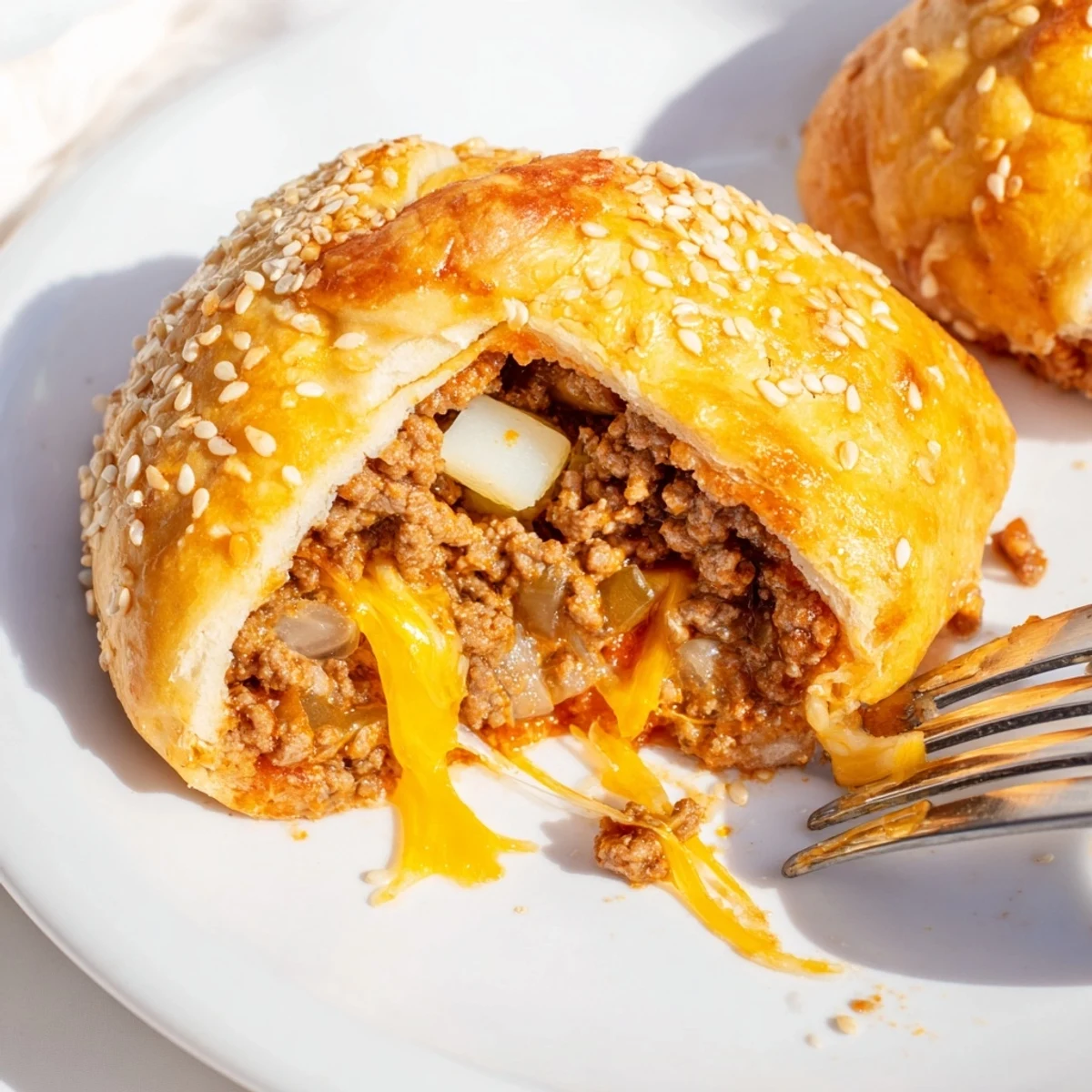 Plate of baked Cheesy Cheeseburger Bombs, crunchy biscuit exterior and juicy beef