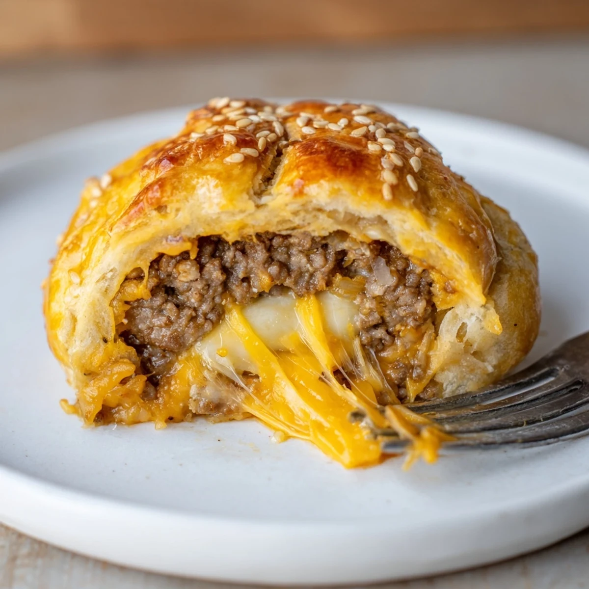 Close-up of warm Cheesy Cheeseburger Bombs oozing melted cheddar, cooling on parchment