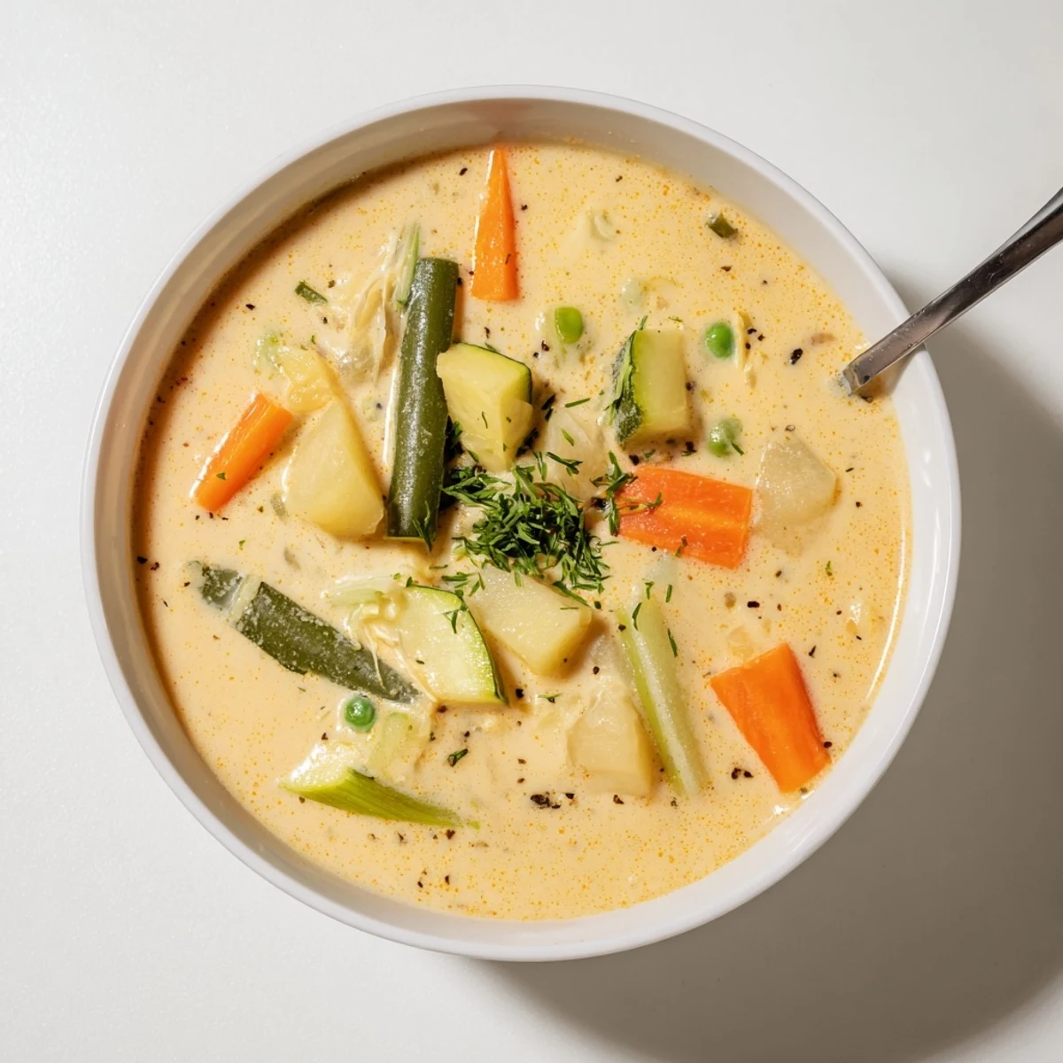 Creamy Vegetable Soup Recipe steaming in a bowl, silky texture and bright herbs