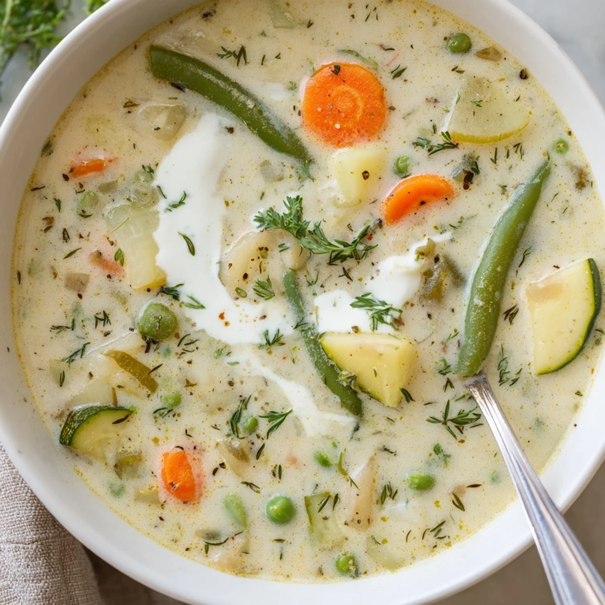 Creamy Vegetable Soup Recipe with diced vegetables visible, warm spoonful comforts
