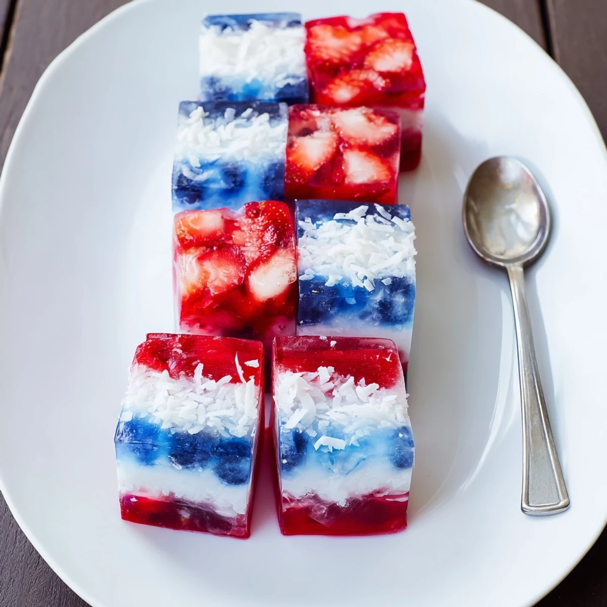 Close-up of Red White And Blue Ice Cubes Recipe with icy sheen and coconut