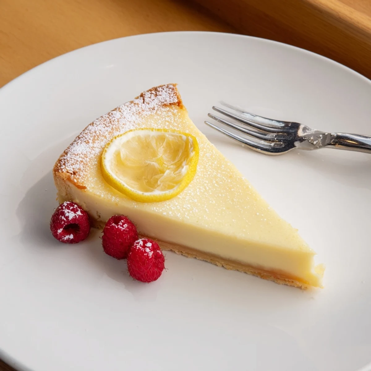 Slice of Creamy Lemon Tart Recipe on chilled plate, powdered sugar dusting.