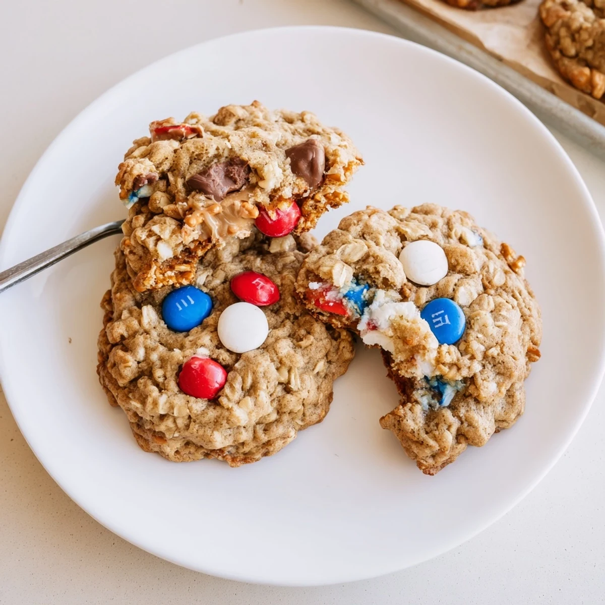 Patriotic Monster Cookies Recipe with chewy oats, peanut butter, red, white, and blue candies.