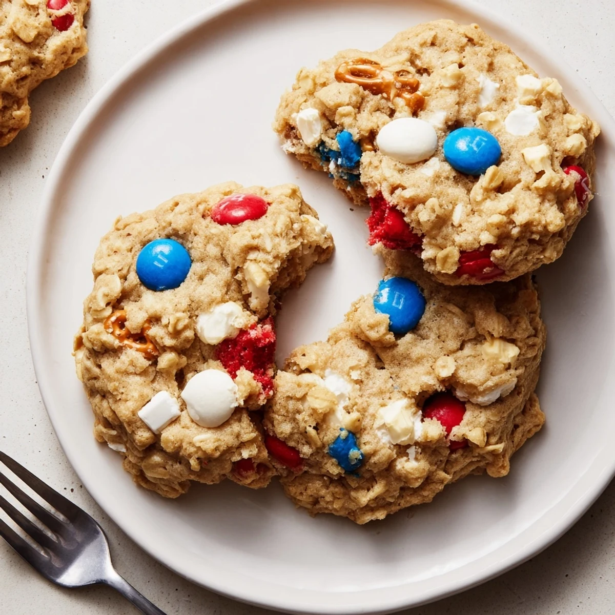 Fresh-baked Patriotic Monster Cookies Recipe on parchment, gooey centers, crunchy candy bites.