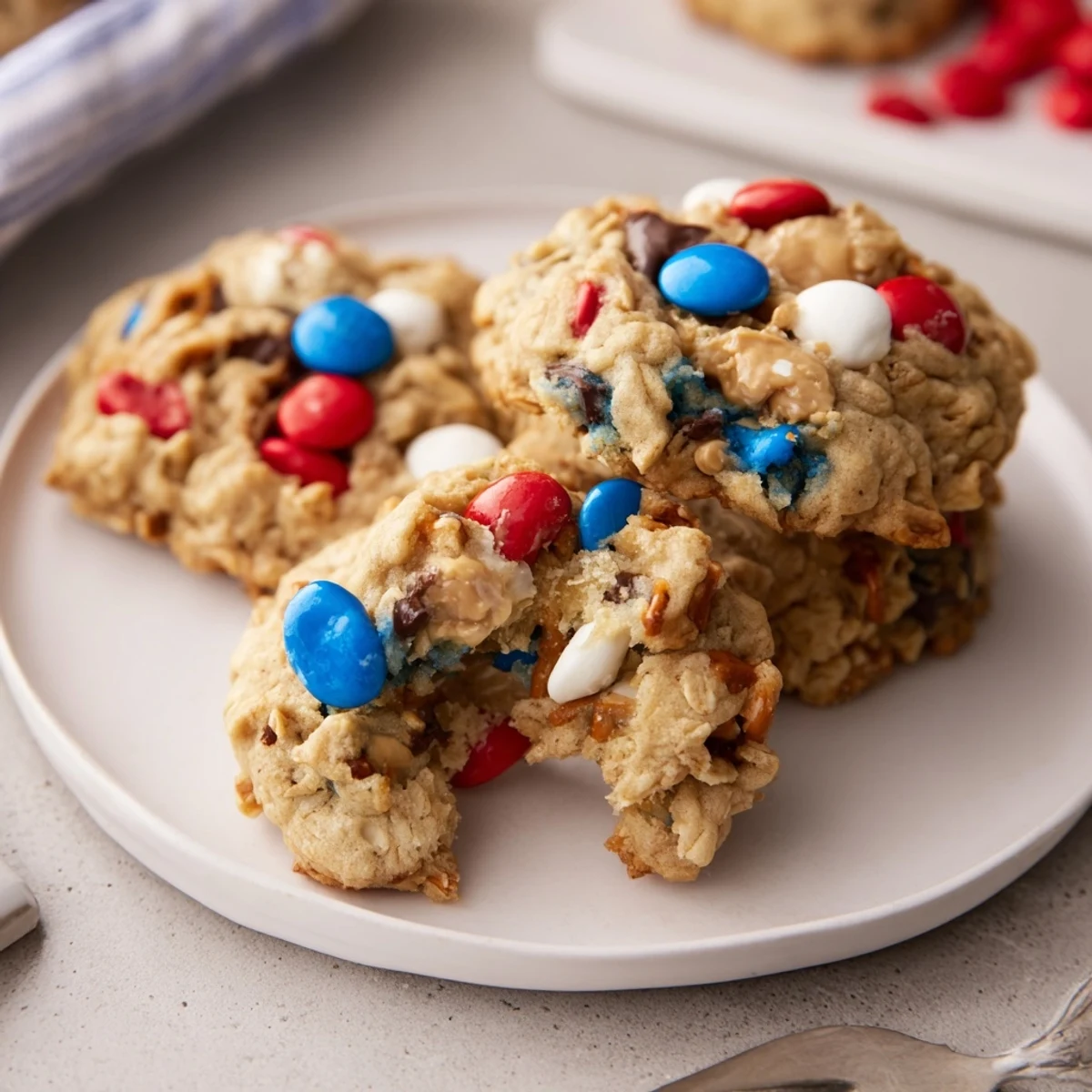 Serve Patriotic Monster Cookies Recipe warm with milk for festive picnic or party.