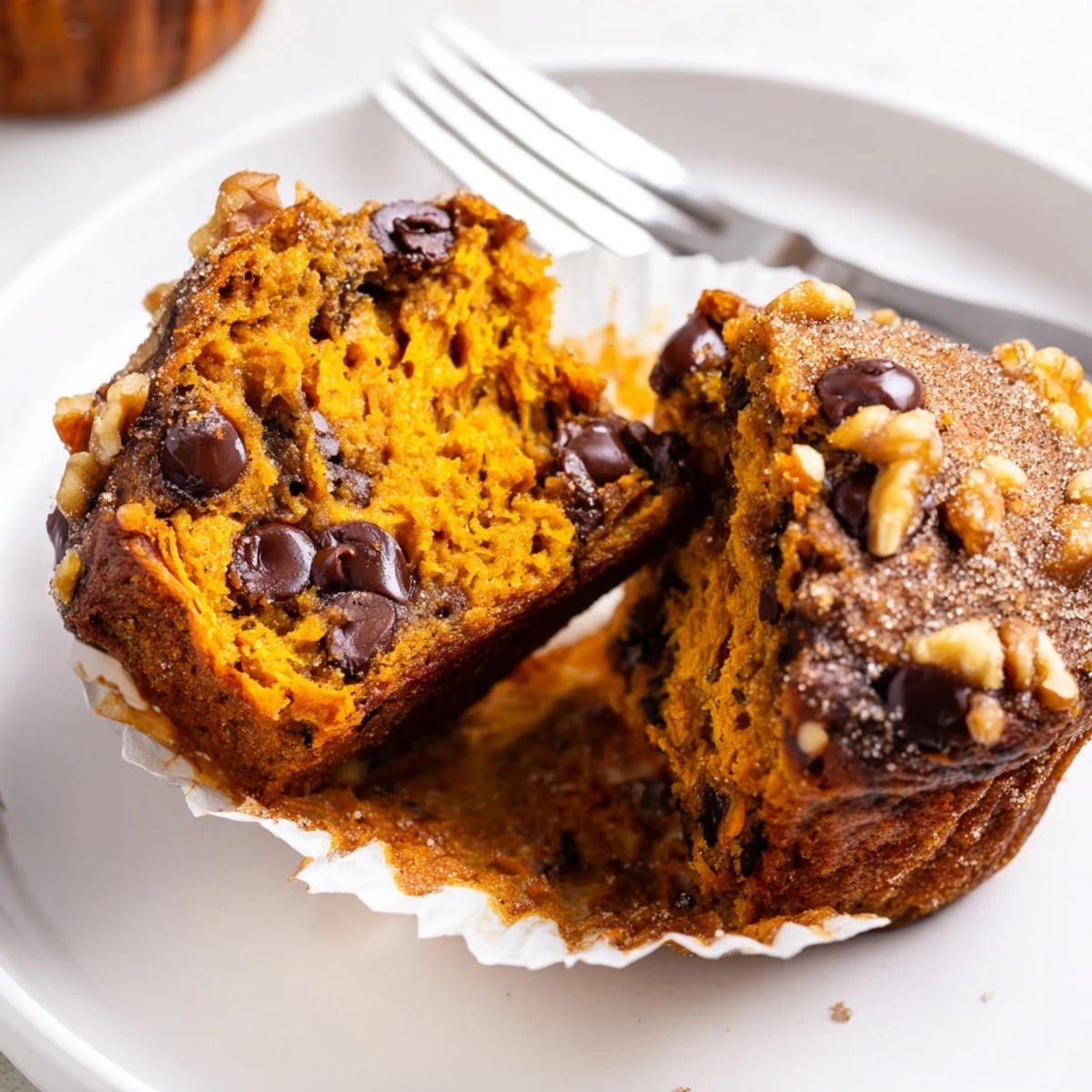 Fresh baked Pumpkin Banana Muffins recipe with walnut crunch, served with coffee.