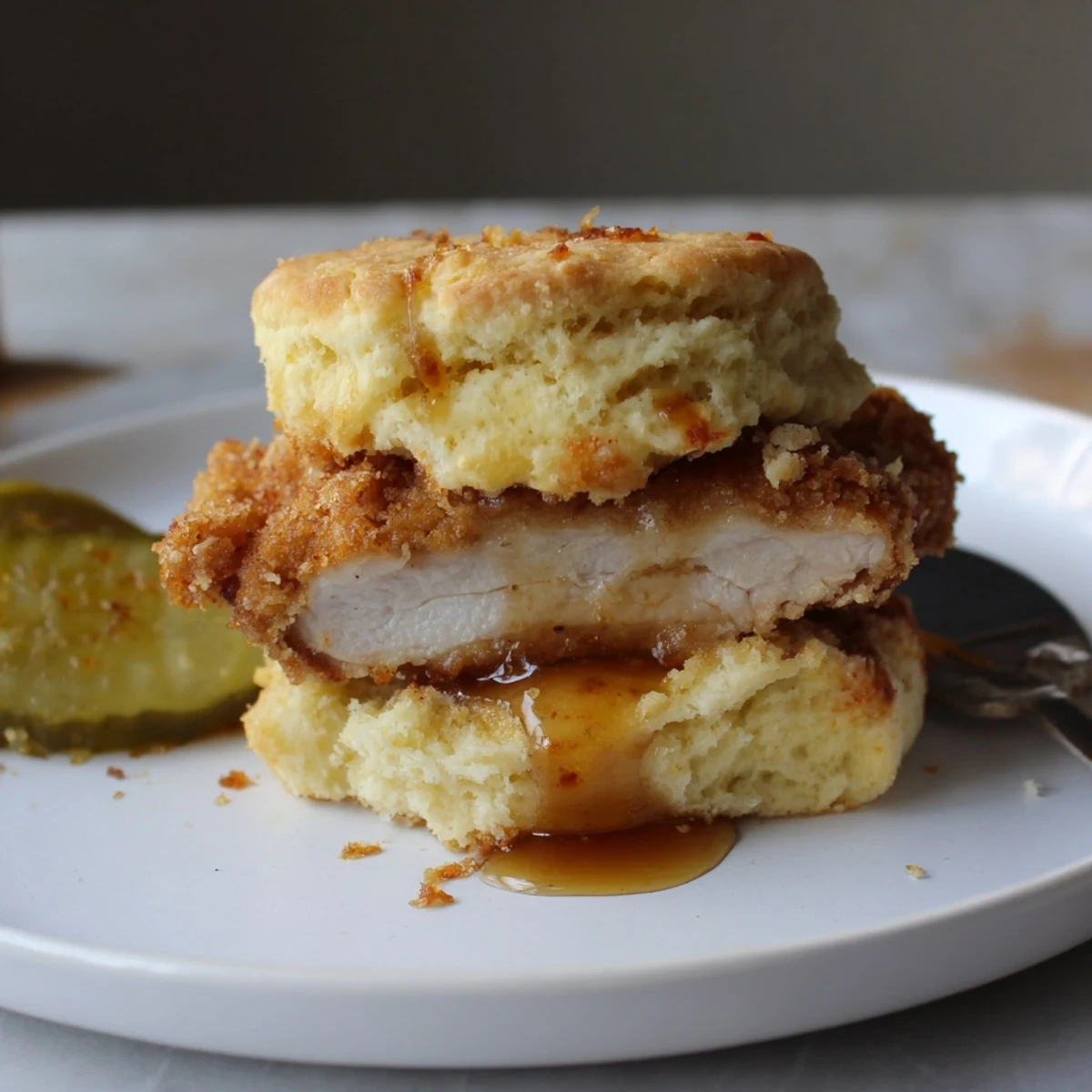 Crispy, spicy Hot Honey Chicken Biscuits with flaky buttermilk layers and glaze.  