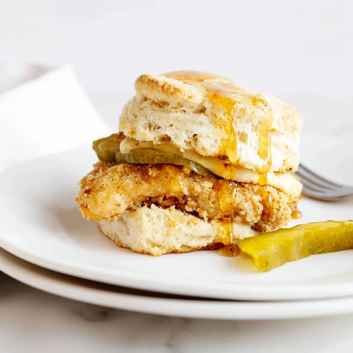 Split Hot Honey Chicken Biscuits showing juicy fried chicken, drizzled honey, pickles.  
