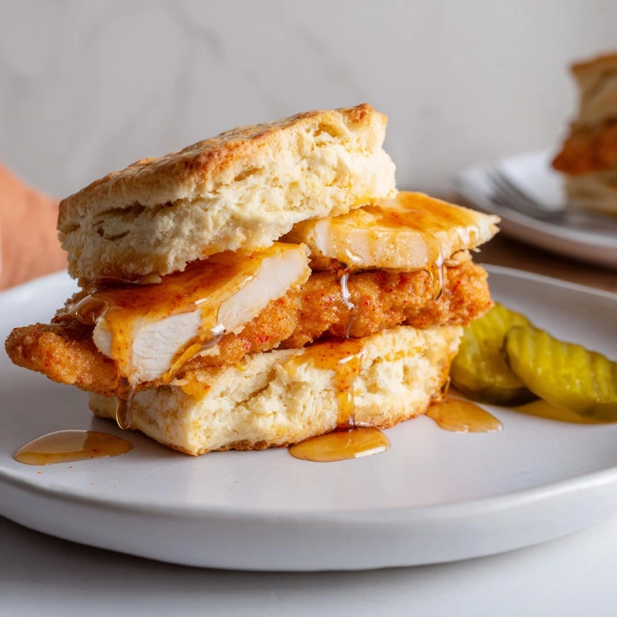 Stacked Hot Honey Chicken Biscuits on plate, buttery edges, sticky sweet heat drizzle.