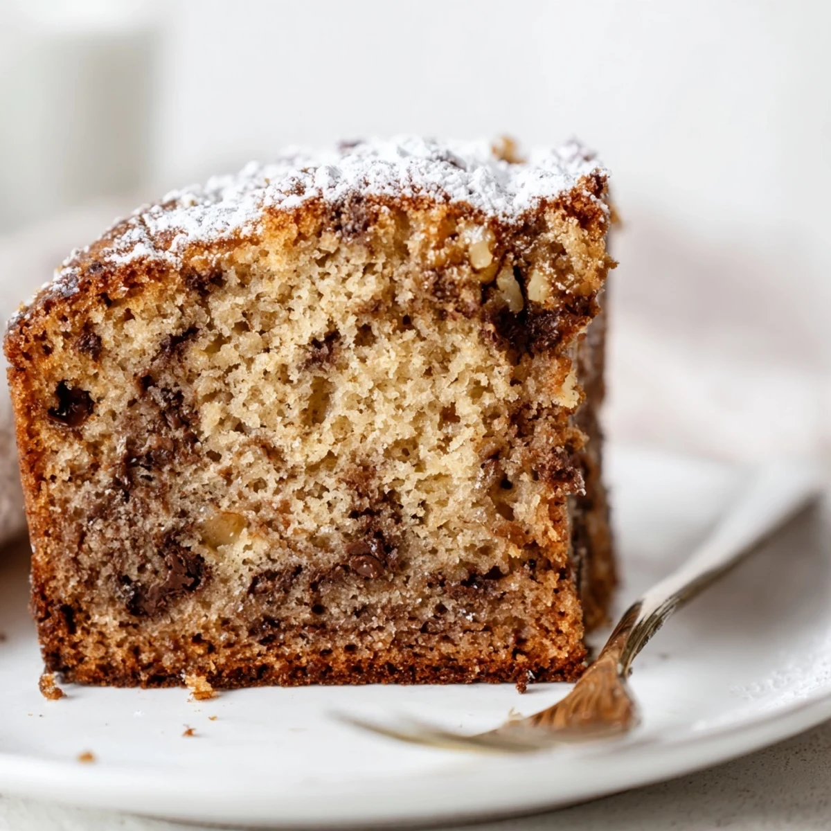 Warm slice of Banana Bread Cake Recipe with melting butter and cinnamon.