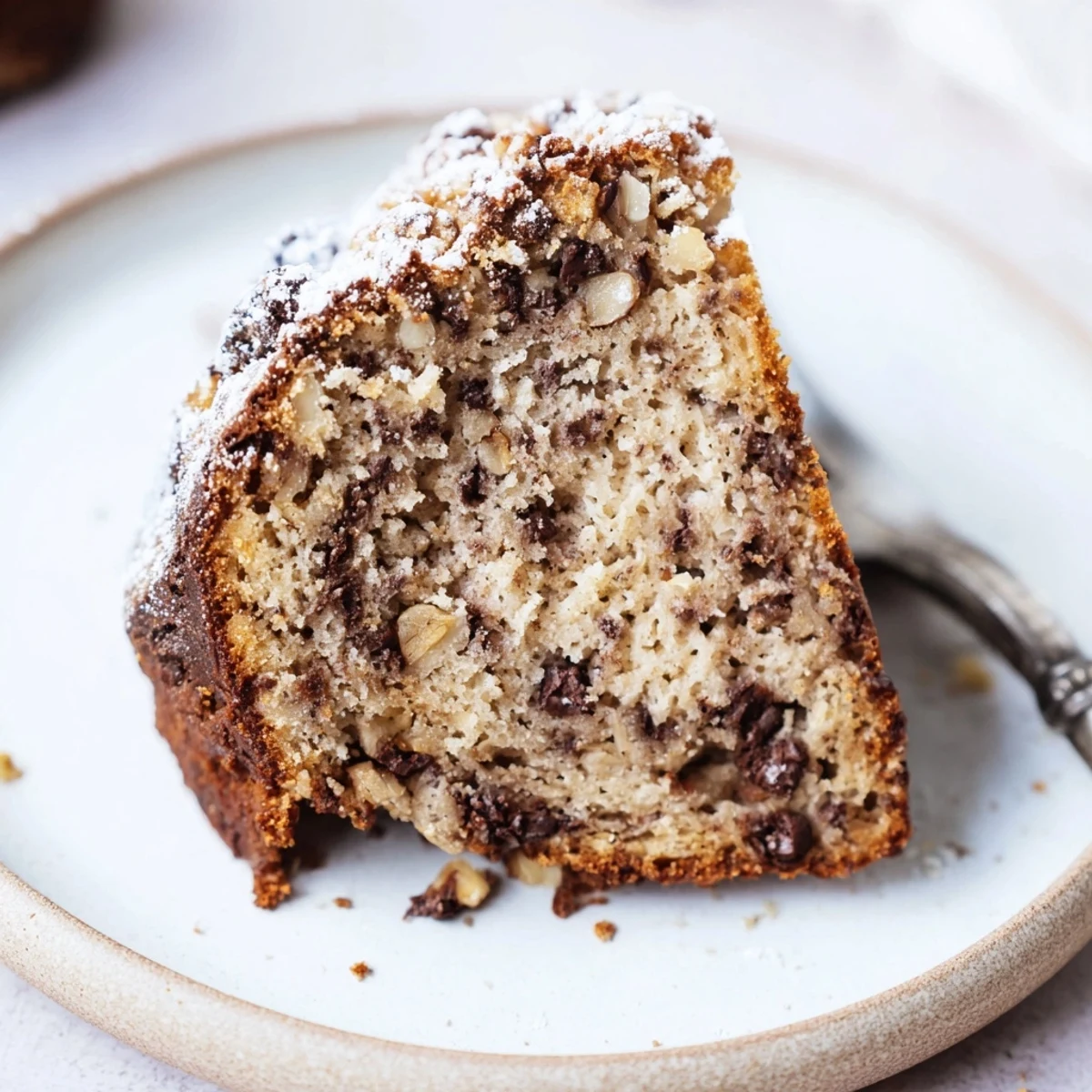 Moist Banana Bread Cake Recipe studded with chopped walnuts, cooling on rack.