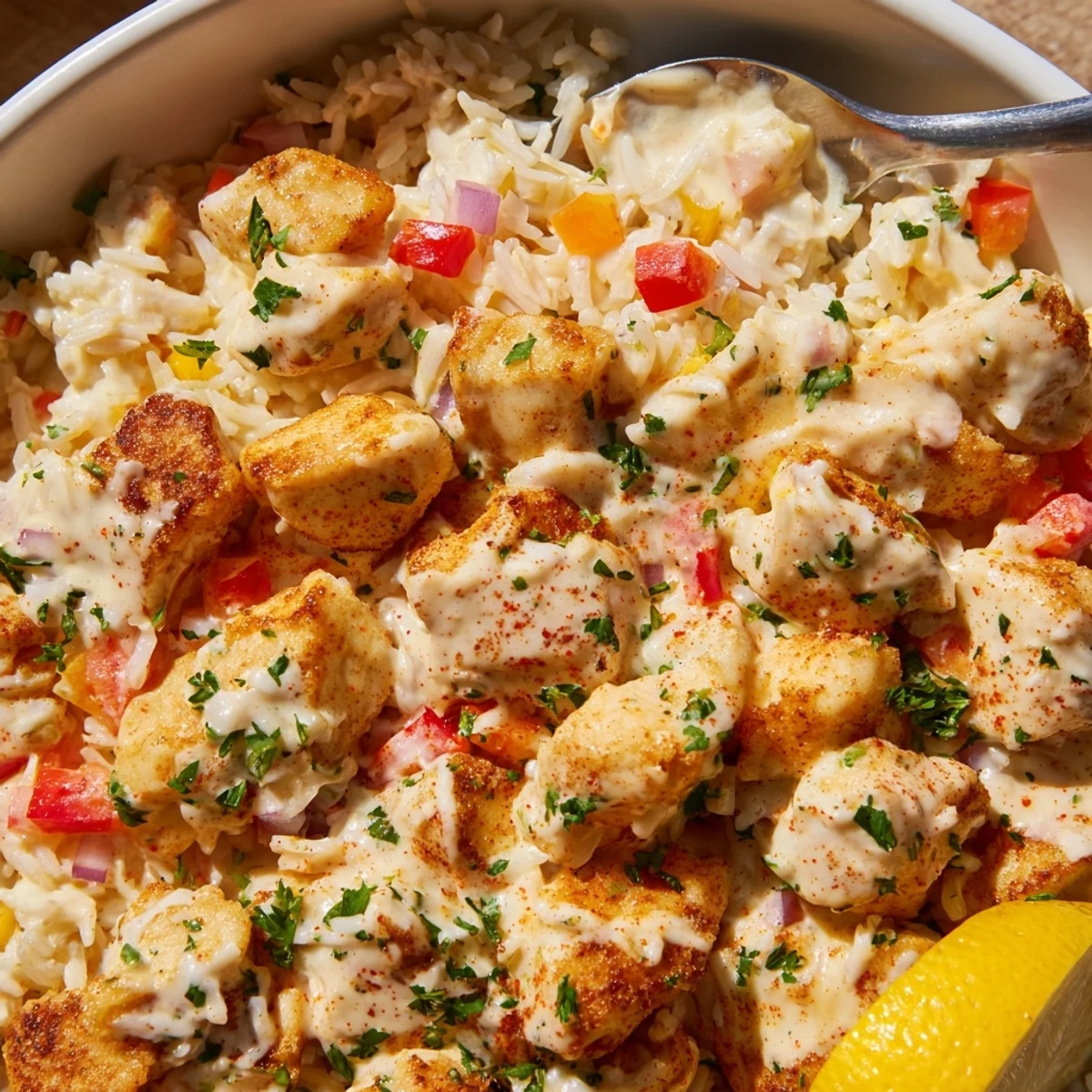 Creamy Cajun Chicken Rice Bowls steaming with rich sauce, bell peppers, parsley.