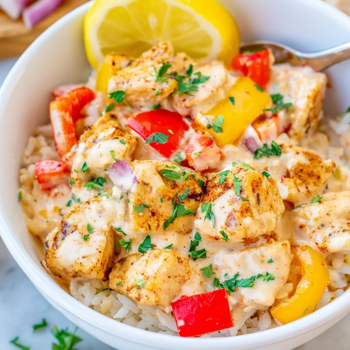 Aromatic Creamy Cajun Chicken Rice Bowls showcasing juicy chicken pieces and fluffy rice.