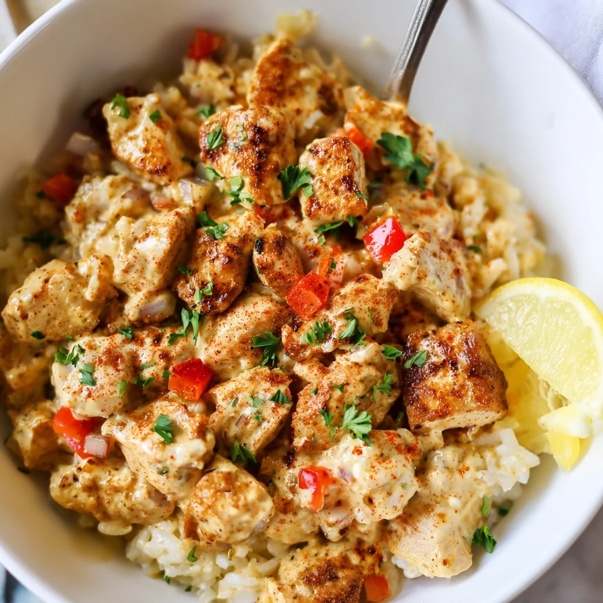 Weeknight-ready Creamy Cajun Chicken Rice Bowls topped with parmesan, lemon wedge.