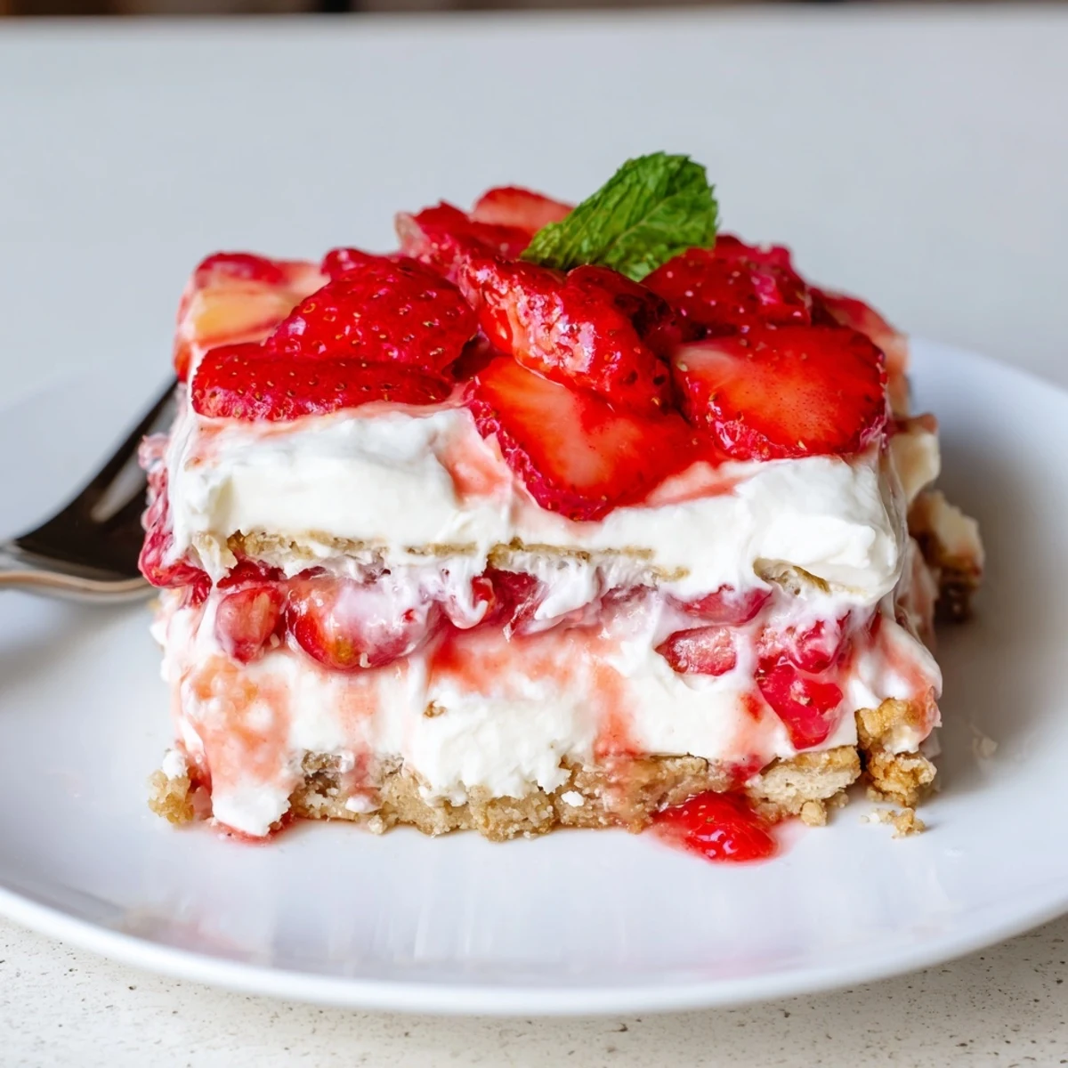 Creamy No Bake Strawberry Shortcake Dessert chilled with juicy macerated strawberries and mint
