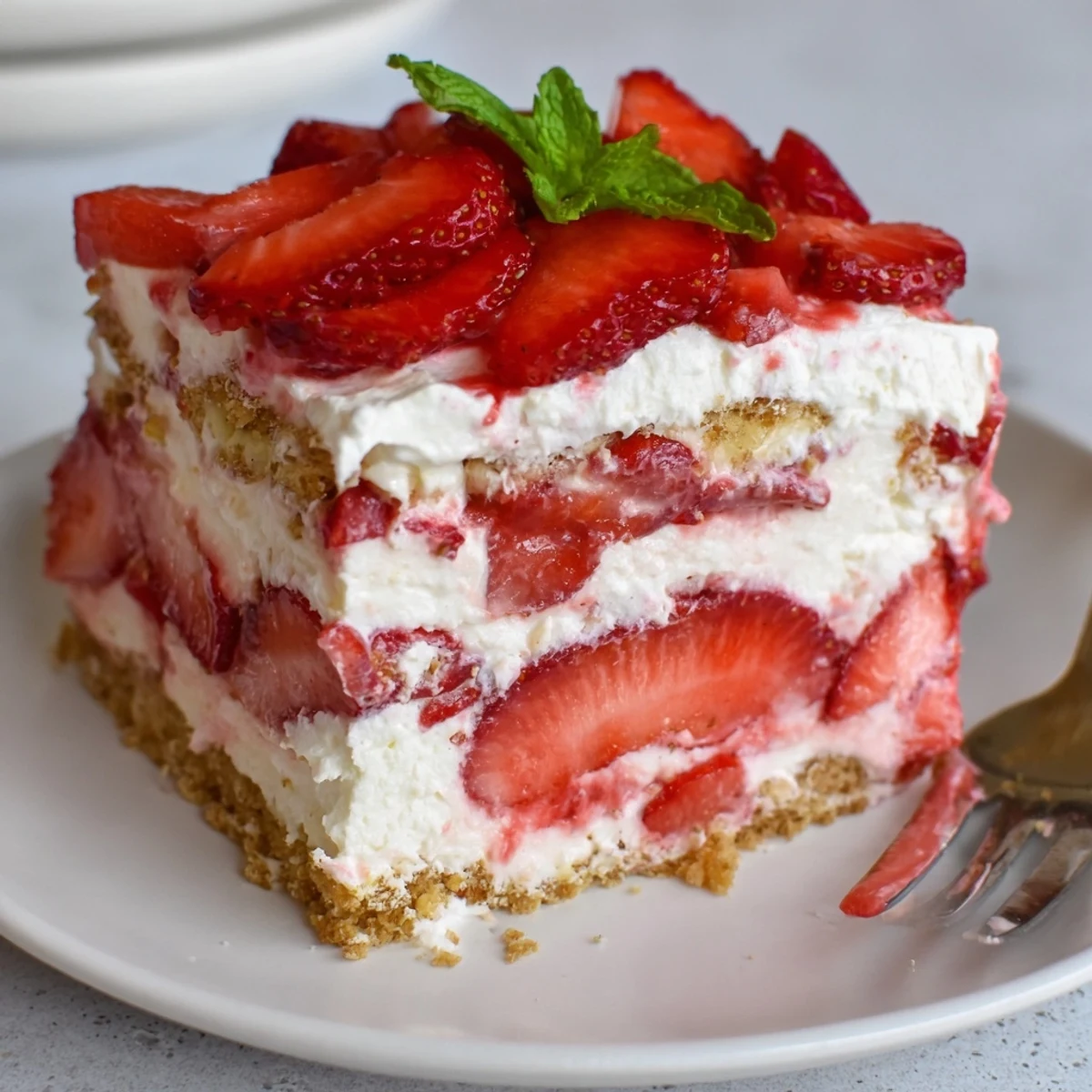 Layered No Bake Strawberry Shortcake Dessert in dish, graham cracker base, ready to spoon