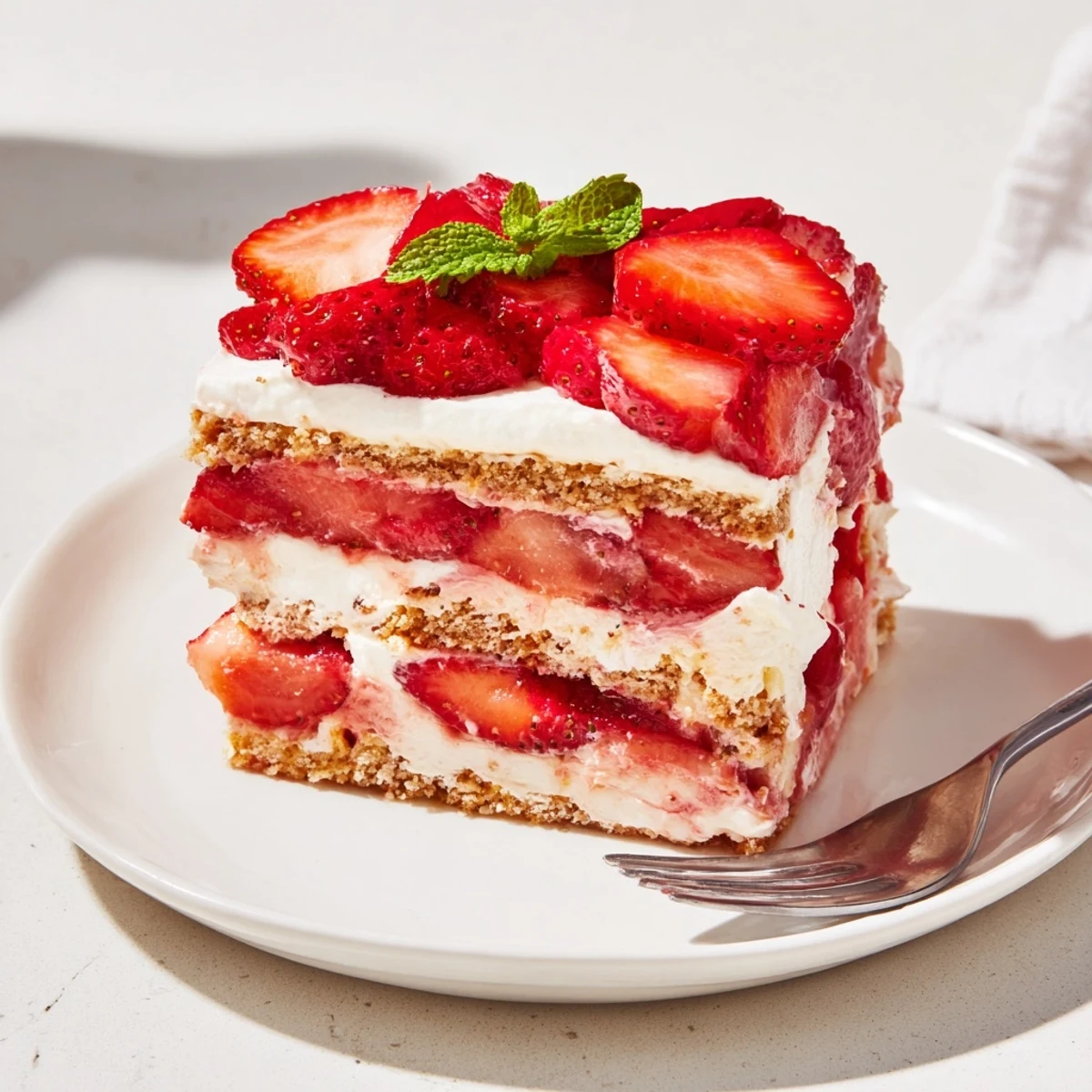 Lightly sweet No Bake Strawberry Shortcake Dessert with vanilla cream and fresh berries