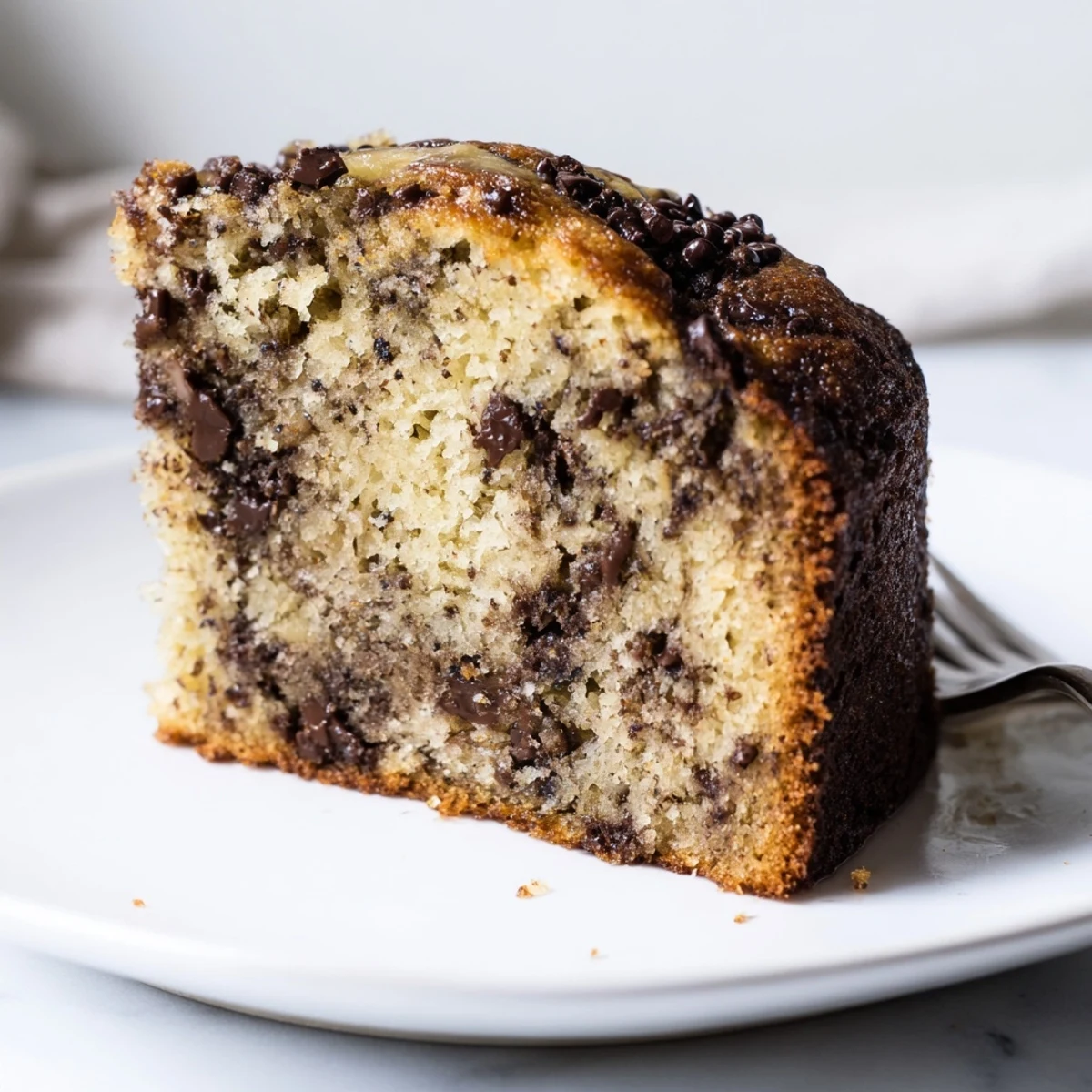 Banana Chocolate Chip Cake Recipe: moist, golden slice steaming beside vanilla ice cream