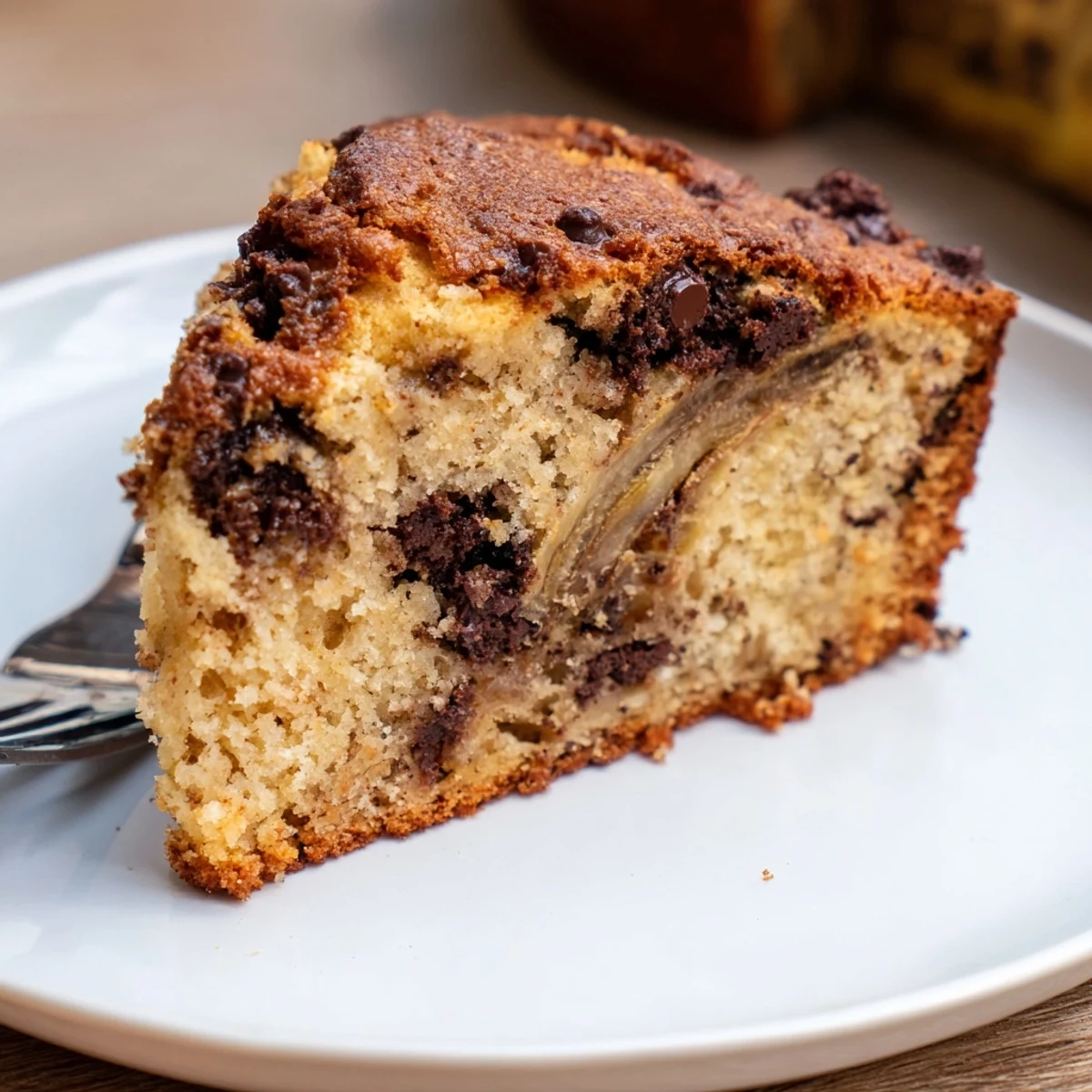 Warm Banana Chocolate Chip Cake Recipe slice oozing melted chips, banana aroma