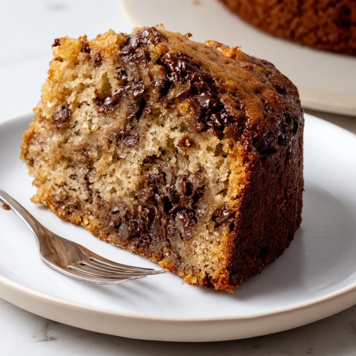 Freshly baked Banana Chocolate Chip Cake Recipe cooling on wire rack, chocolate chips