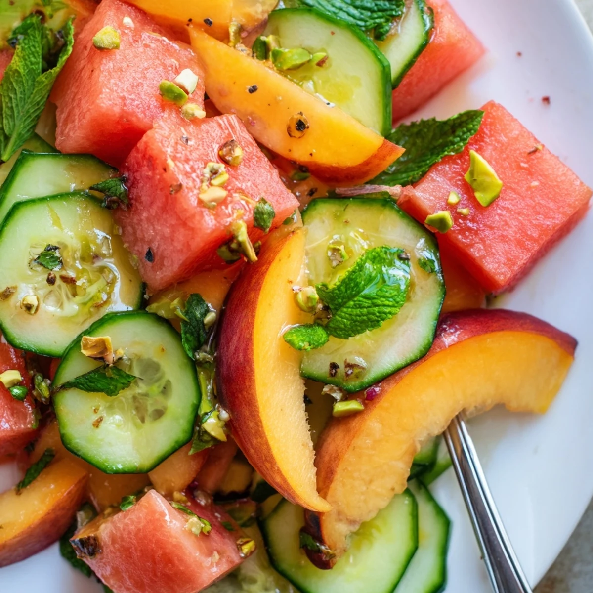 Summer Peach Watermelon Salad with fresh mint, crumbled feta, and honey lime dressing