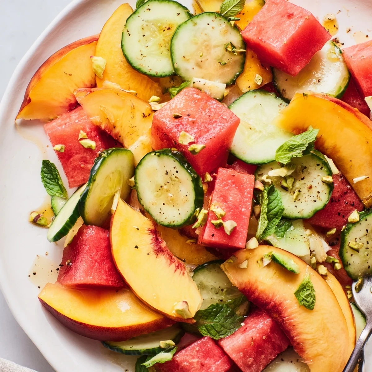 Refreshing Summer Peach Watermelon Salad tossed with crisp cucumber, pistachios, and lime