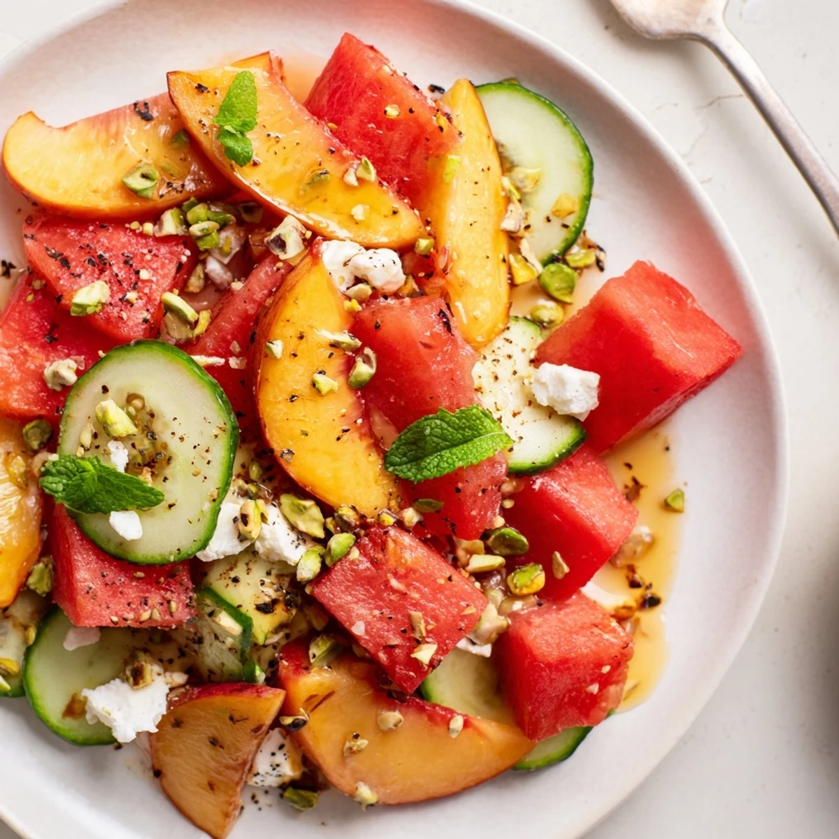 Bright Summer Peach Watermelon Salad piled on platter, chilled, juicy slices glistening