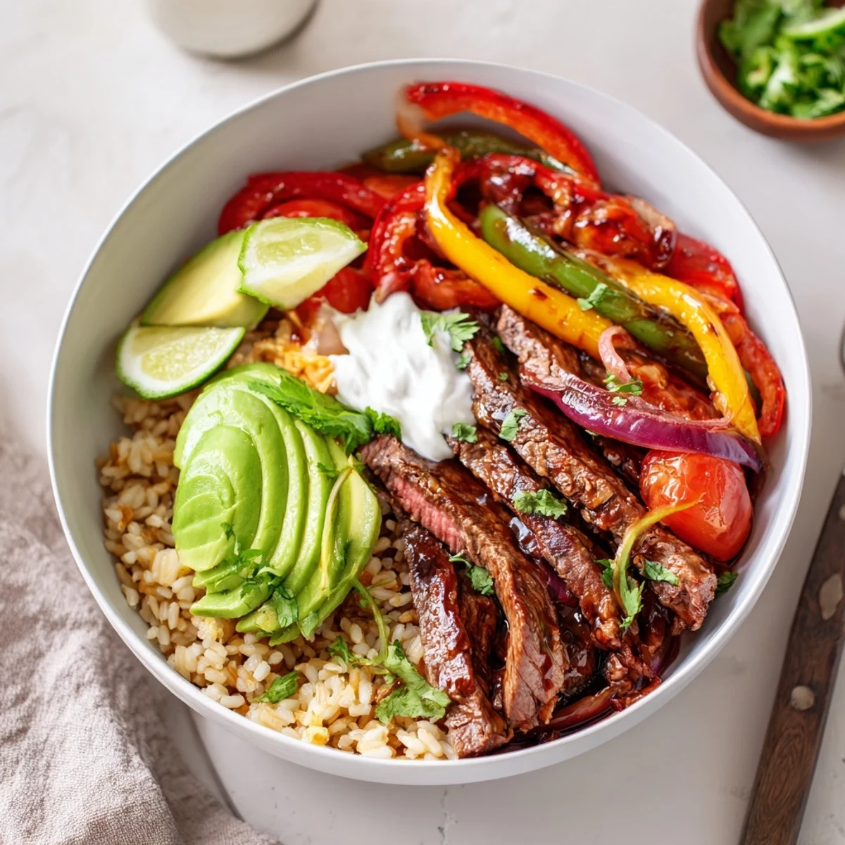 Steak Fajita Power Bowls with charred steak, colorful peppers, creamy avocado slices