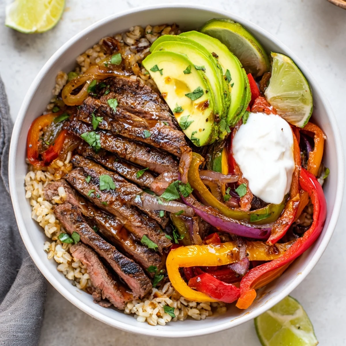 Plated hot, Steak Fajita Power Bowls garnished with lime wedges and cilantro