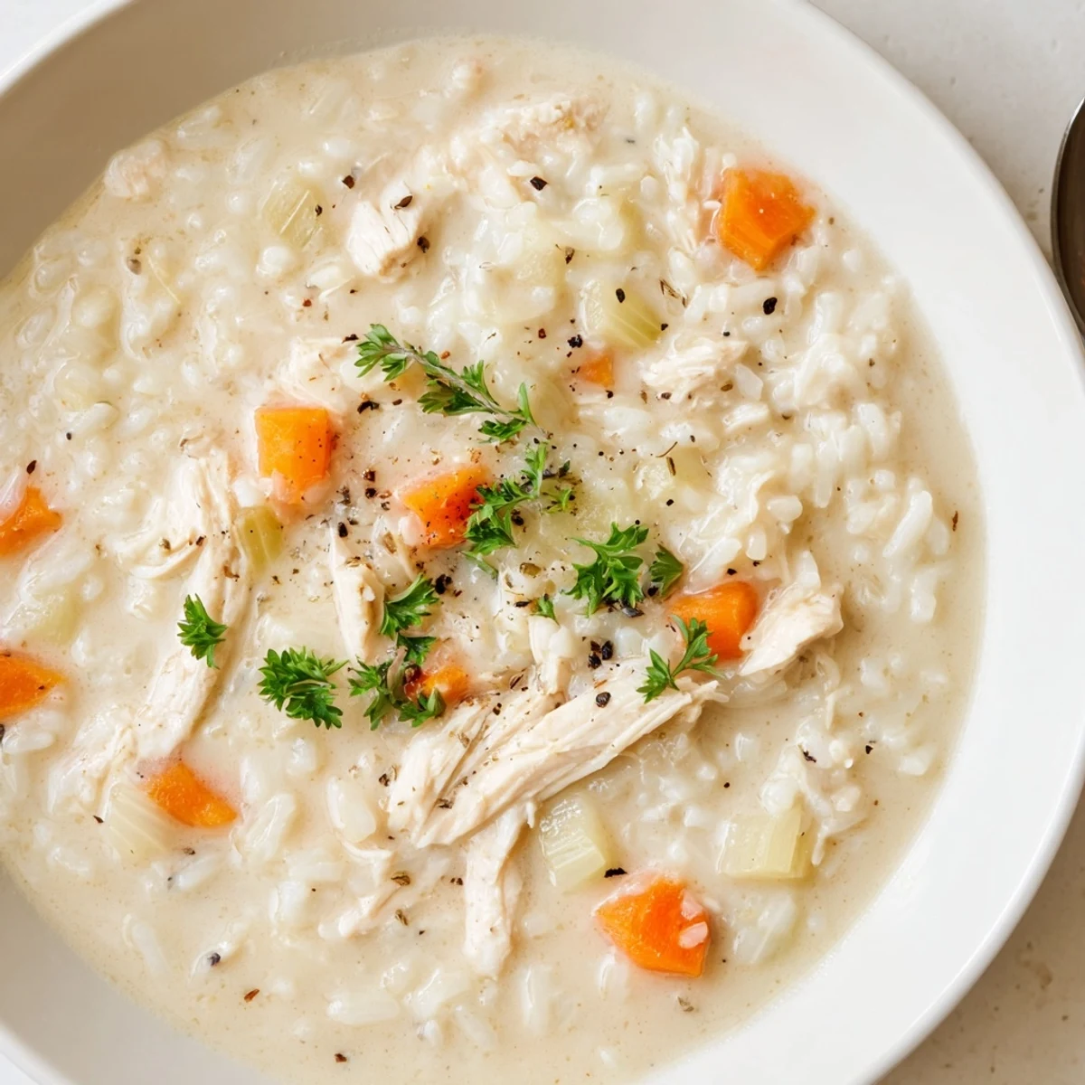 Velvety Creamy Chicken Rice Soup garnished with parsley, served hot in bowl