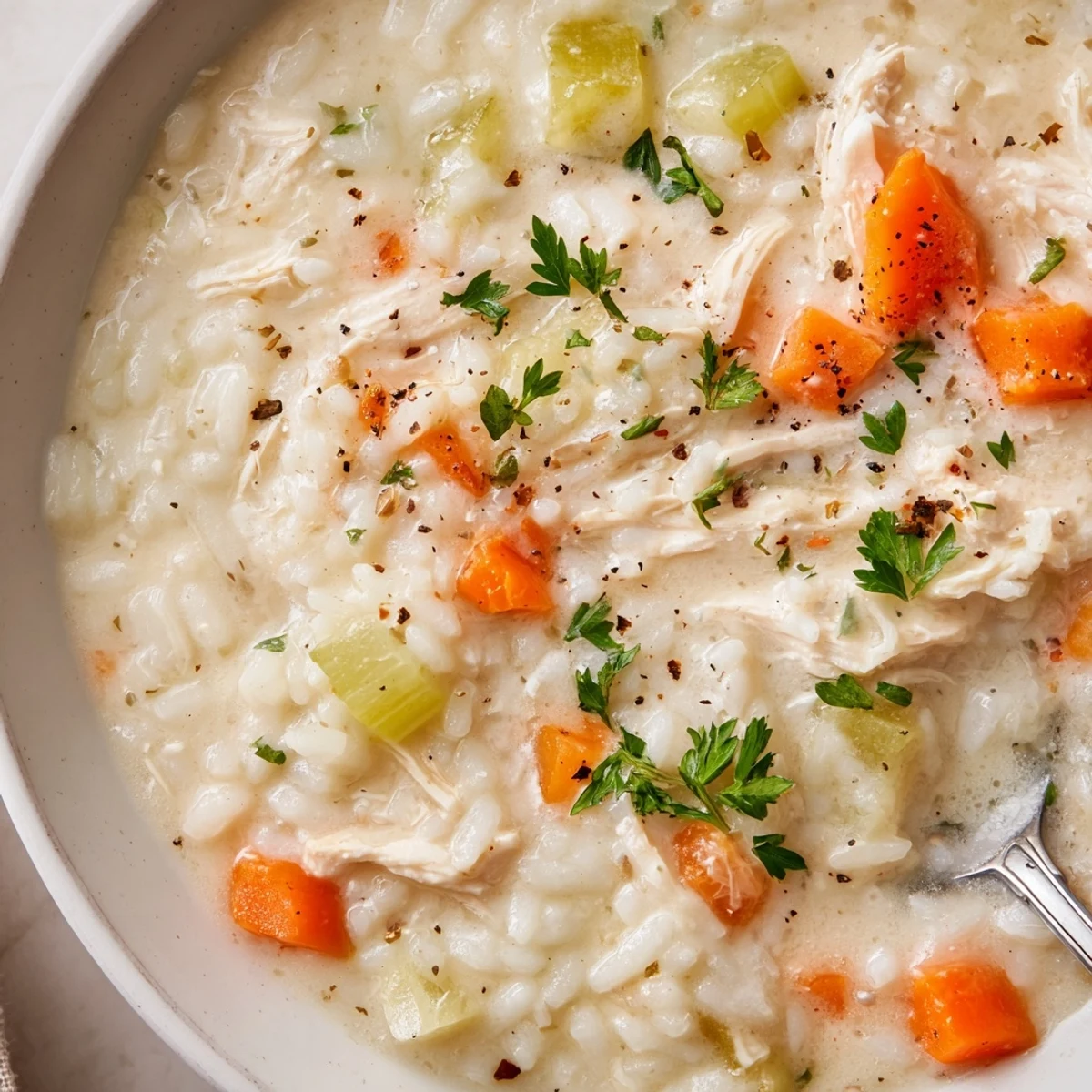 Bowl of Creamy Chicken Rice Soup steaming, tender chicken and carrots  